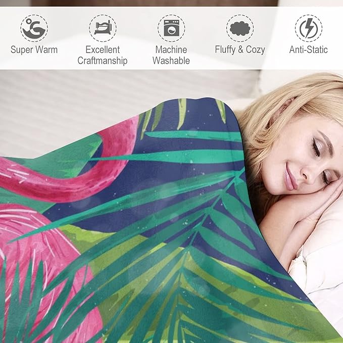 Flamingo Blanket Gifts - 50 x 60 Inches Funny Flamingo Throw for Teen Girls - Green Fluffy Warm Cozy Blankets for Couch