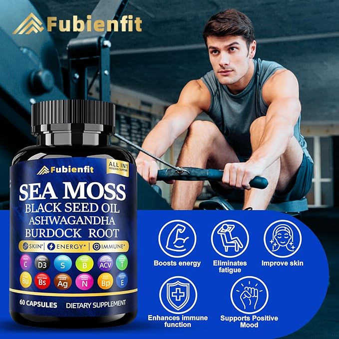 (2 Pack) Organic Sea Moss Capsules - Contain seamoss Black Seed Oil ashwagandha Burdock Root Ginger & Essential Vitamins - Superfood for Immune Boost, Digestive Health, and Overall Wellness