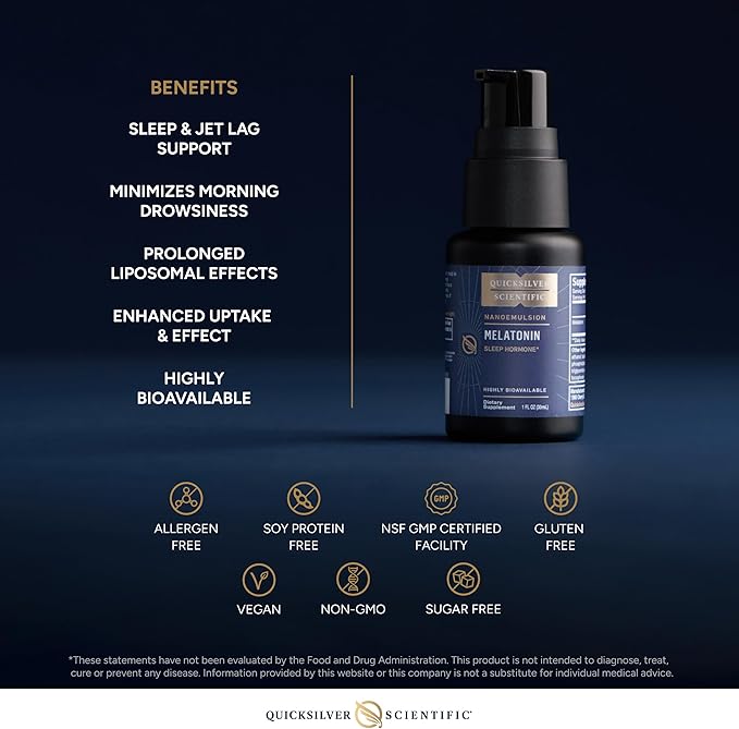 Quicksilver Scientific Liposomal Melatonin - Bedtime, Jet Lag & Immune Support Liquid for Adults - Efficient, Superior Absorption 1mg Melatonin to Minimize Morning Drowsiness (30 ml)
