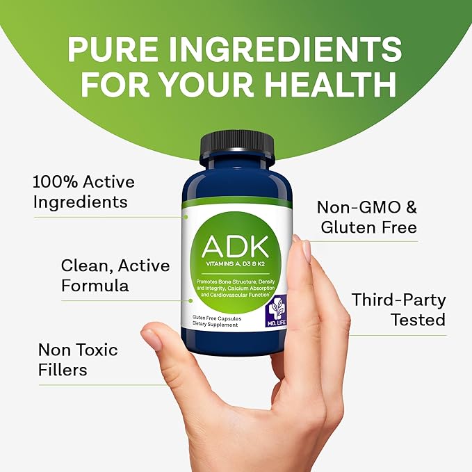 MD Life ADK Vitamin Supplement With Vitamin D3, K2 & A - 60 Capsules - Supports Bone & Heart Health - High Potency ADK Complex