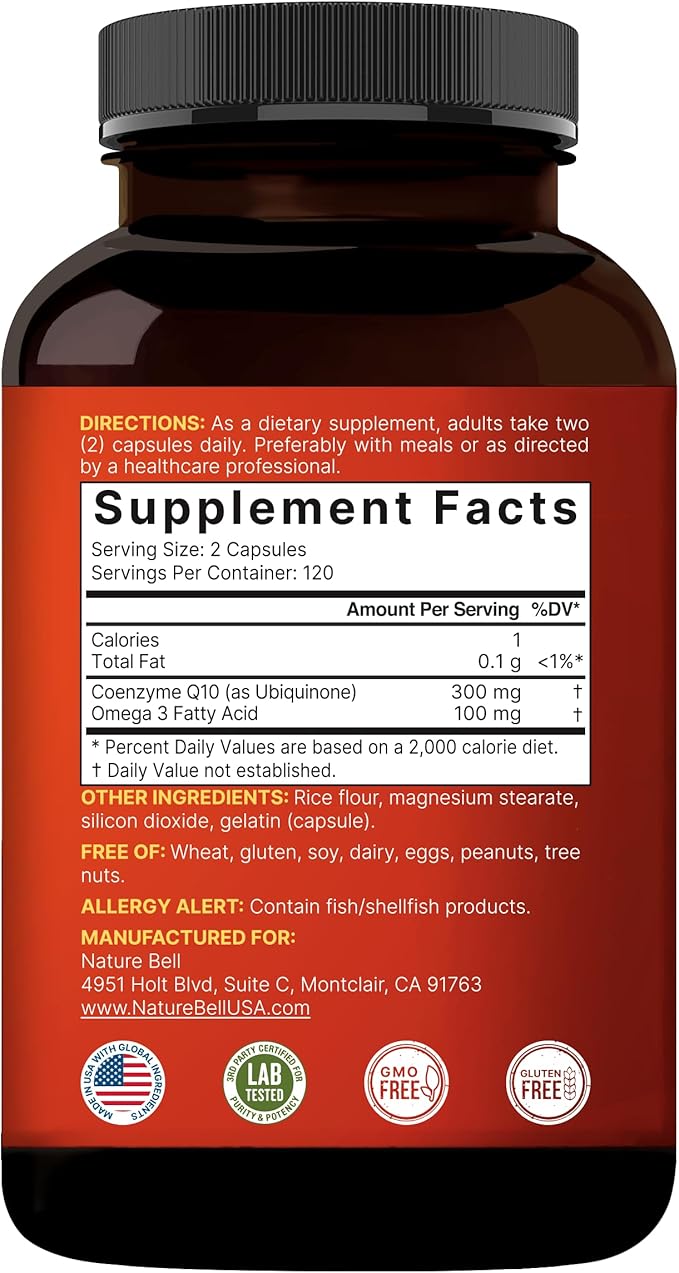 NatureBell CoQ10 300mg with Omega 3, 240 Capsules - 120 Day Supply | Stable High Absorption Form – Antioxidant Support for Heart & Energy Health – Extra Strength Coenzyme Q10 Supplement