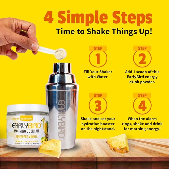 EarlyBird Morning Cocktail - Pineapple Mimosa 45 Servings - Clean Energy Drink (Natural Caffeine), Increased Motivation (Nootropics), Supercharged Hydration (Electrolytes) - Wake Up Early Drink w/