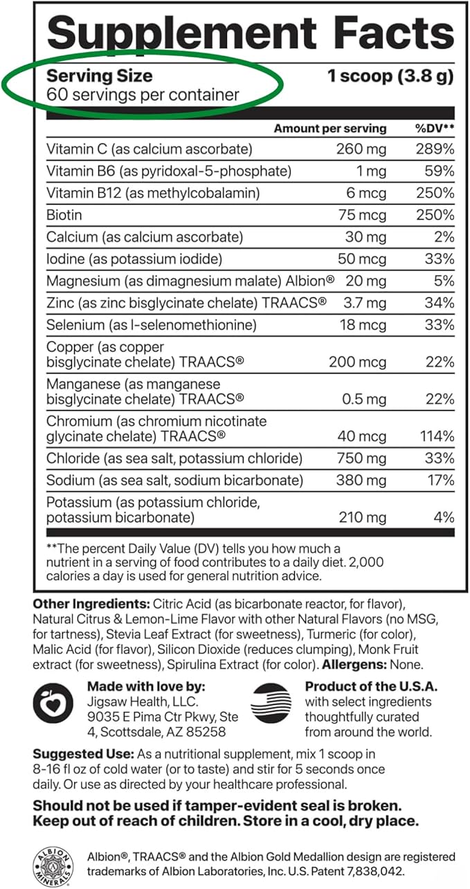 Jigsaw Health Electrolyte Supreme | Broad Spectrum of Electrolytes + Trace Minerals | Lemon-Lime Flavor | 60 Servings (Jar)