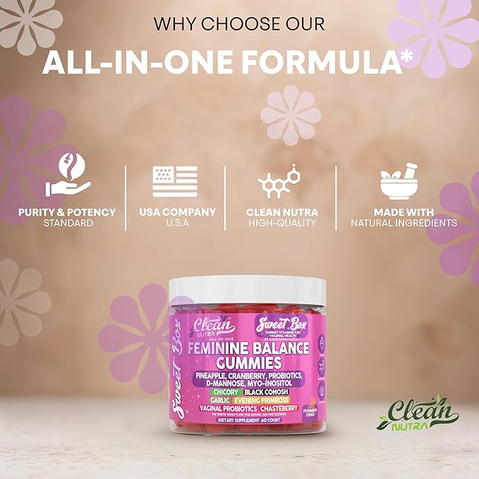 Clean Nutra Feminine Balance Gummies for Women Pineapple VaginalProbiotics pH Balance Cranberry D Mannose Supplement Inositol Black Cohosh Evening Primrose Garlic Vitex GLA Prebiotics Folate 60ct