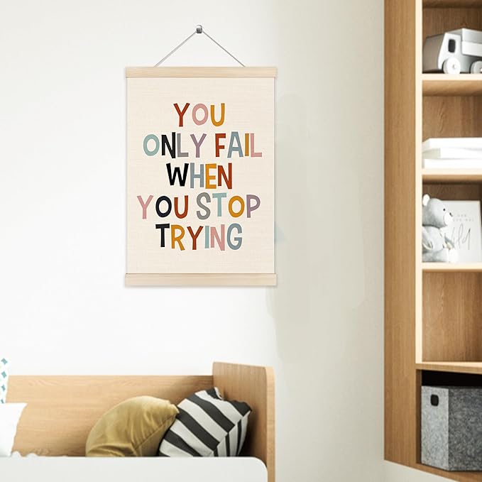 Welshower Boho Inspirational Poster Hanger Frame, You Only Fall When You Stop Trying Motivational Quote Wall Art Prints Decor for Classroom Kids Room Nursery Playroom Framed, 12x16 Inch