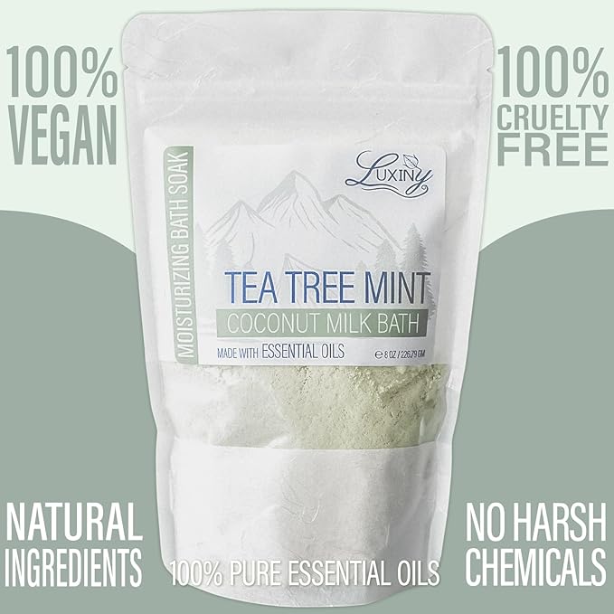 Vegan Milk Bath Soak Made with Coconut Milk Powder & Sweet Almond Oil Which Creates A Bath Bomb Dust Soothing Fizz, 8oz (Tea Tree Mint)