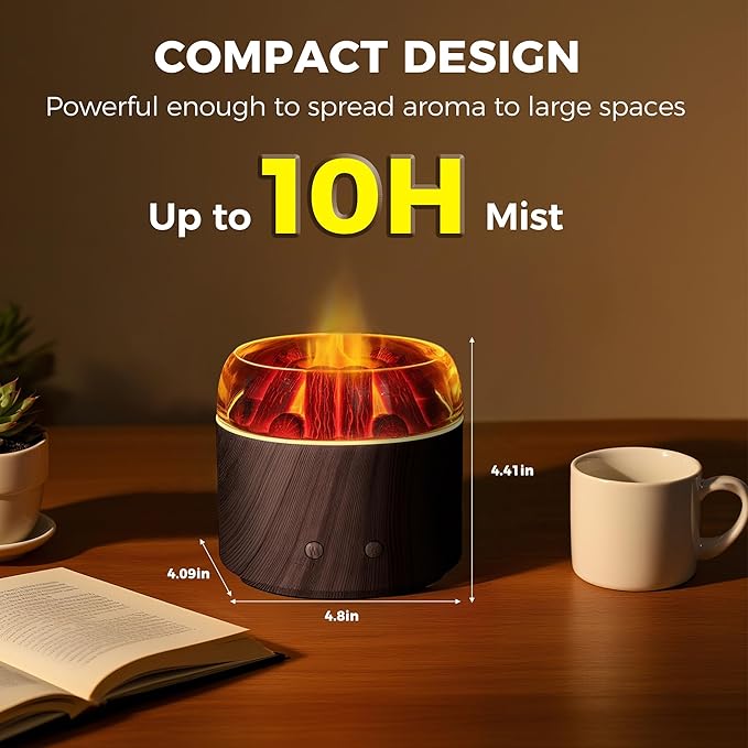 Mini Bonfire Air Diffuser, Ultrasonic Cool Mist Aroma Scent Diffuser for Essential Oils, Fire Mist Humidifier with Warm LED Glow, 2 Brightness, Auto-Off, Night Light for Room Home Office – Dark Wood