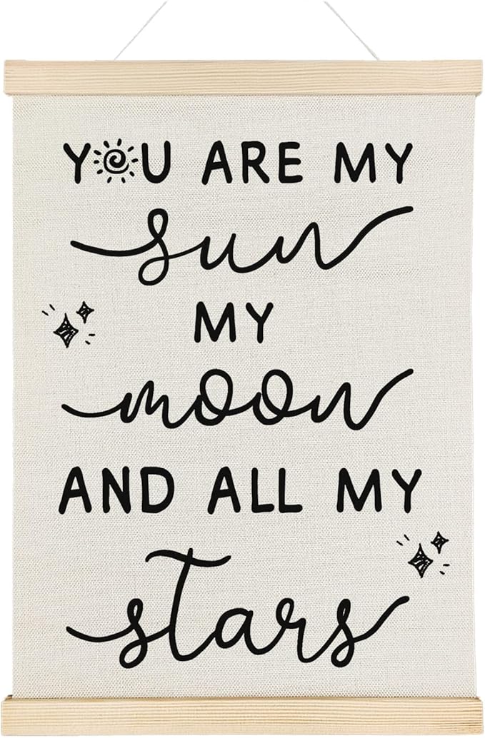 Nrleey Nursery Wall Decor with Wooden Poster Hanger - Baby Room Decor, You Are My Sun Moon And All My Stars Wall Art Posters for Kids Room Nursery Playroom, 12x16 Inch
