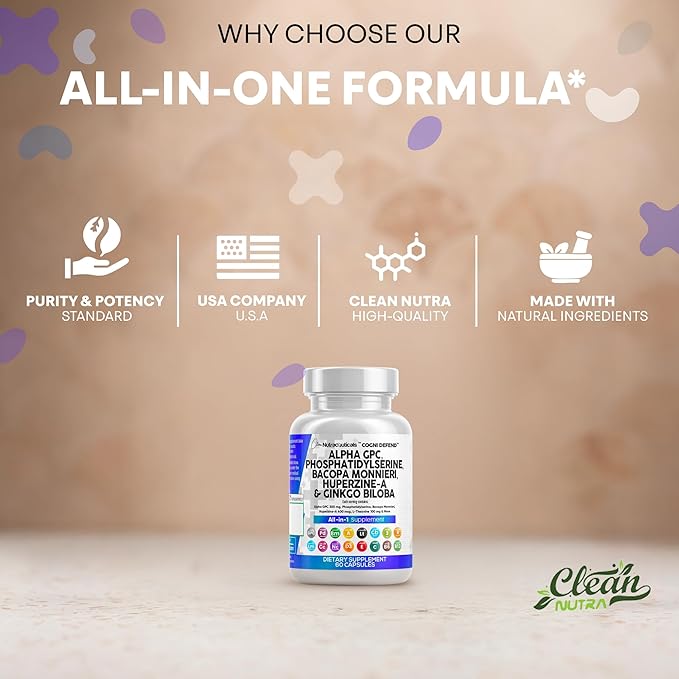 Clean Nutraceuticals Alpha GPC Choline Phosphatidylserine Bacopa Monnieri Ginkgo Biloba Huperzine A Supplement with Urdine Lions Mane Cats Claw NAC Vitamin C B D E