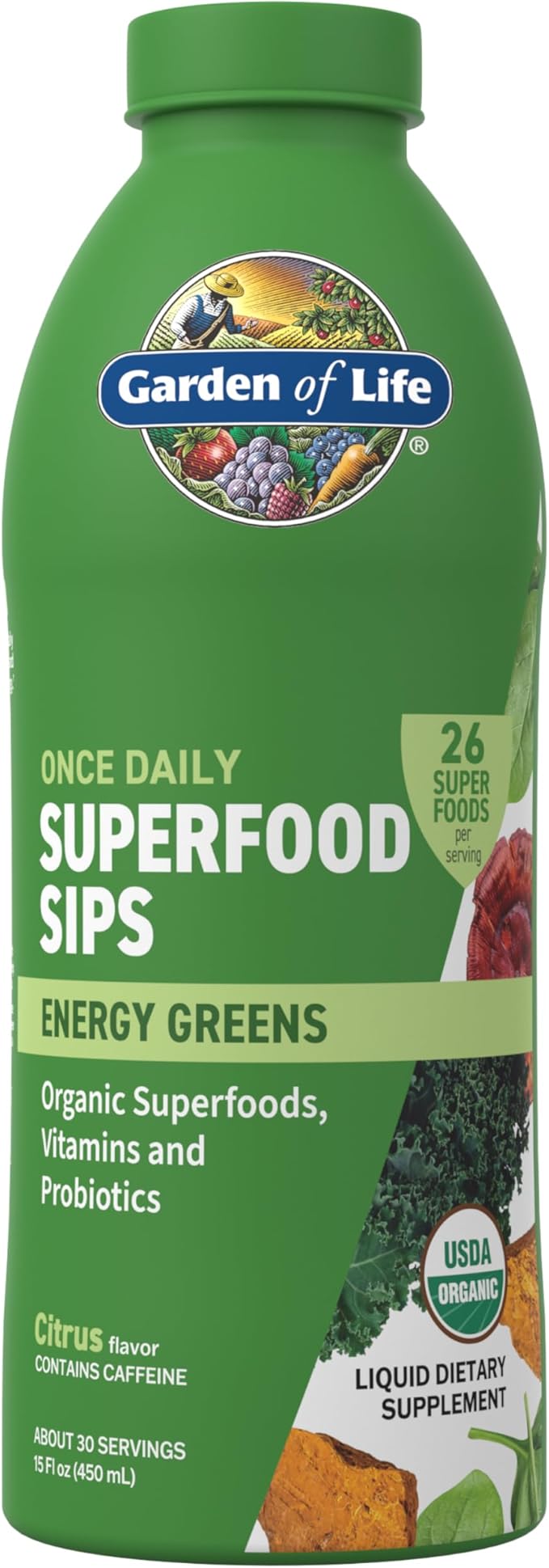 Garden of Life Superfoods Sips, 30 Servings, Vitamins, Probiotics, 26 Organic Superfoods, Functional Mushrooms, Energy Greens, Once Daily, Organic, Vegan, Preservative-Free, Citrus Flavor