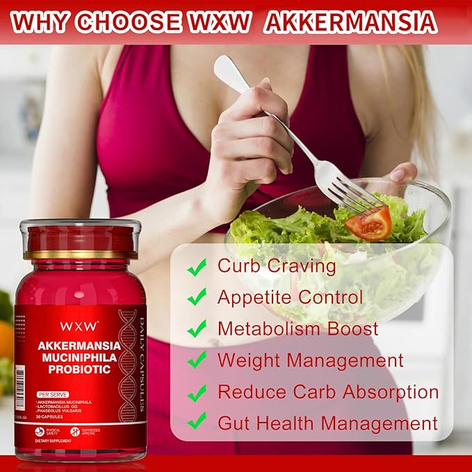 WXW Akkermansia Muciniphila Probiotic for Women and Men, Help GLP-1 Produce Naturally, Lactobacillus GG - Support for Metabolism Curb Cravings Digestive & Gut Health, 30 Capsules