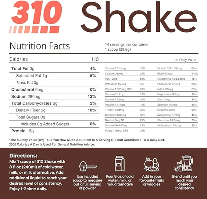 310 Nutrition All-In-One Meal Replacement Shake Powder - Plant-Based Protein Smoothie Blend w/High Fiber, Probiotics & Adaptogens - Low Carb, Vegan, Keto & Paleo Friendly - Peppermint Swirl - 14 Srv