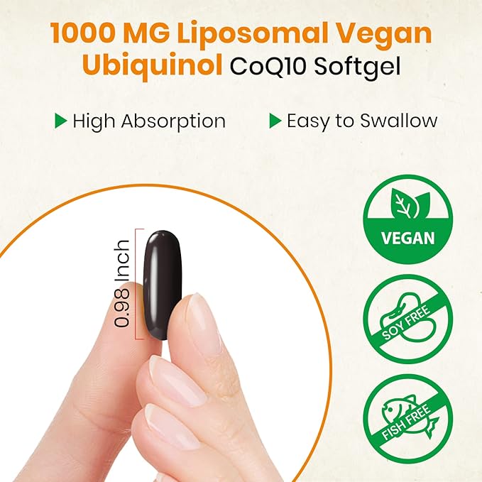 1000mg Liposomal CoQ10 Ubiquinol, 600 Vegan Softgels, High Absorption Ubiquinol CoQ10 Supplement, Active Antioxidant Form of Coenzyme Q10 for Heart Function & Energy Production