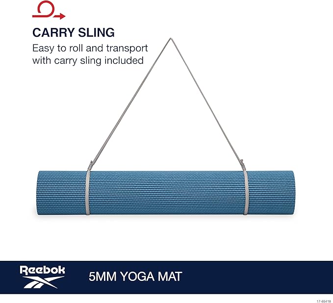 Reebok 5mm Solid Yoga Mat 68" x 24" Non-Slip, Lightweight, Foldable, and Durable Exercise Mat with Carry Strap for Home Workout, Yoga, Pilates, Fitness, and Outdoor Training
