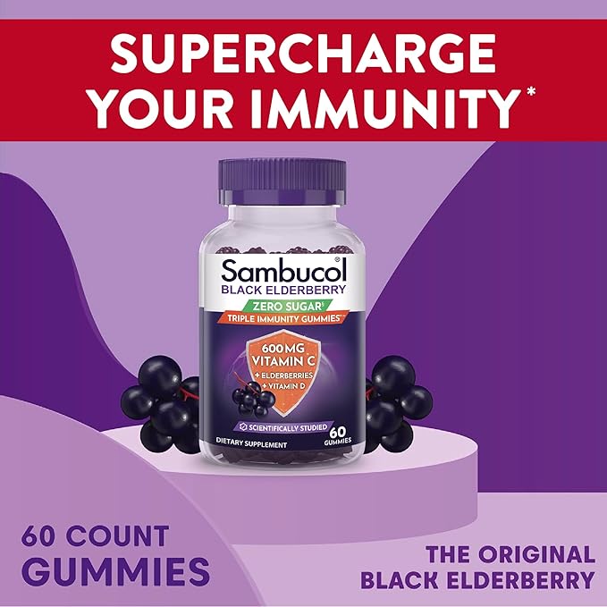 Sambucol Black Elderberry Zero Sugar Triple Immunity Gummies - Black Elderberry Vitamin C Immune Support Supplement, Gummy with Vitamin D for Adults and Kids - 60 Gummies (Pack of 1)