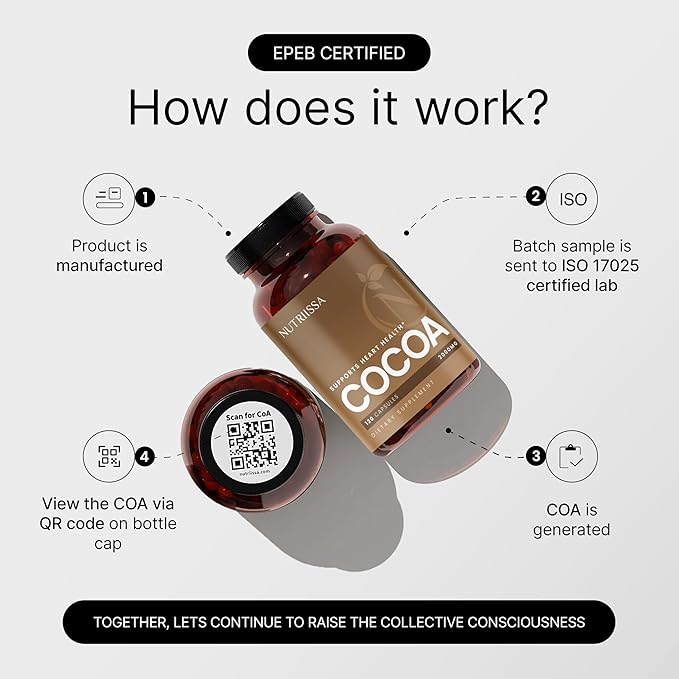 Nutriissa Cocoa Capsules 2000mg - Advanced Heart Health, Nitric Oxide & Circulation Support - 500mg Cocoa Flavanols per Serving - EPEB Certified for Purity & Potency - Vegan, 120 Capsules, 40 Servings