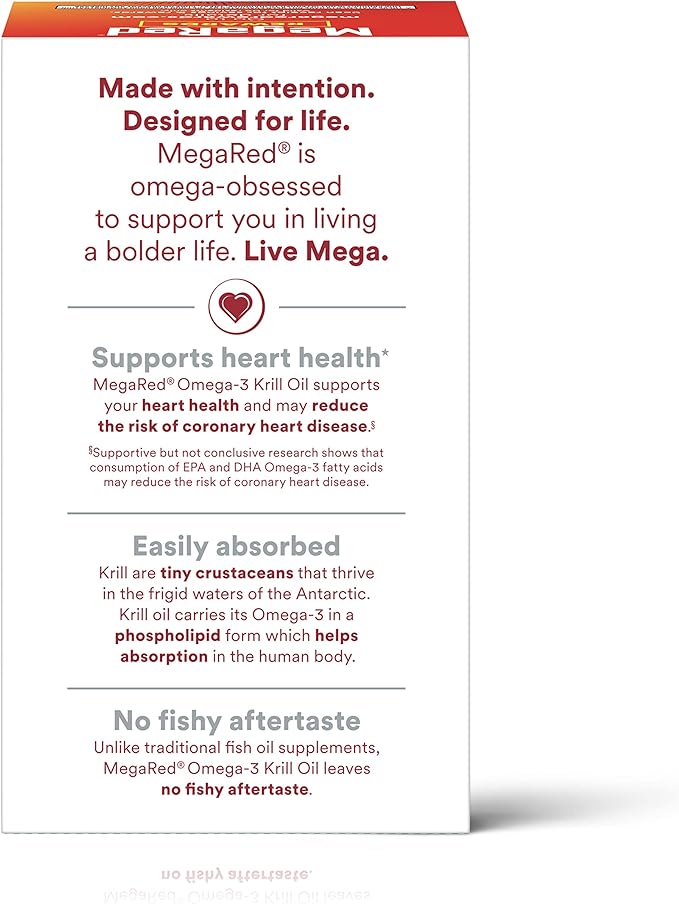 MegaRed Ultra Strength 1000mg Omega-3 Krill Oil Supplement with EPA/DHA, Astaxanthin & Phospholipids, No Fish Oil Aftertaste Supports Heart, Brain, Joint and Eye Health, 60 Count Softgels.