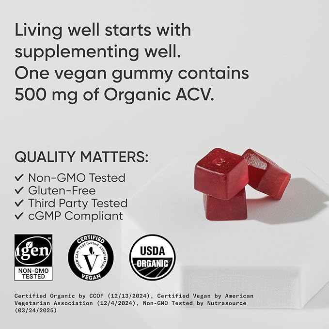 Organic Apple Cider Vinegar Gummies with The Mother - USDA Organic, Vegan Certified & Non-GMO Verified (60 Vegan Gummies)