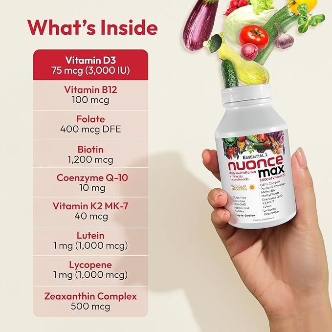 ANDREW LESSMAN Essential-1 nuonce max Multivitamin 3000 IU Vitamin D3 30 Small Capsules. 100 mcg Methyl B12. CoQ10 Lutein Lycopene Zeaxanthin. High Potency. No Additives. Ultra-Mild One Daily Capsule