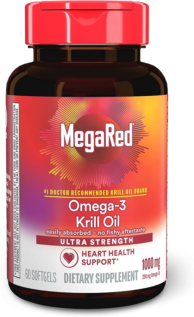 MegaRed Ultra Strength 1000mg Omega-3 Krill Oil Supplement with EPA/DHA, Astaxanthin & Phospholipids, No Fish Oil Aftertaste Supports Heart, Brain, Joint and Eye Health, 60 Count Softgels.