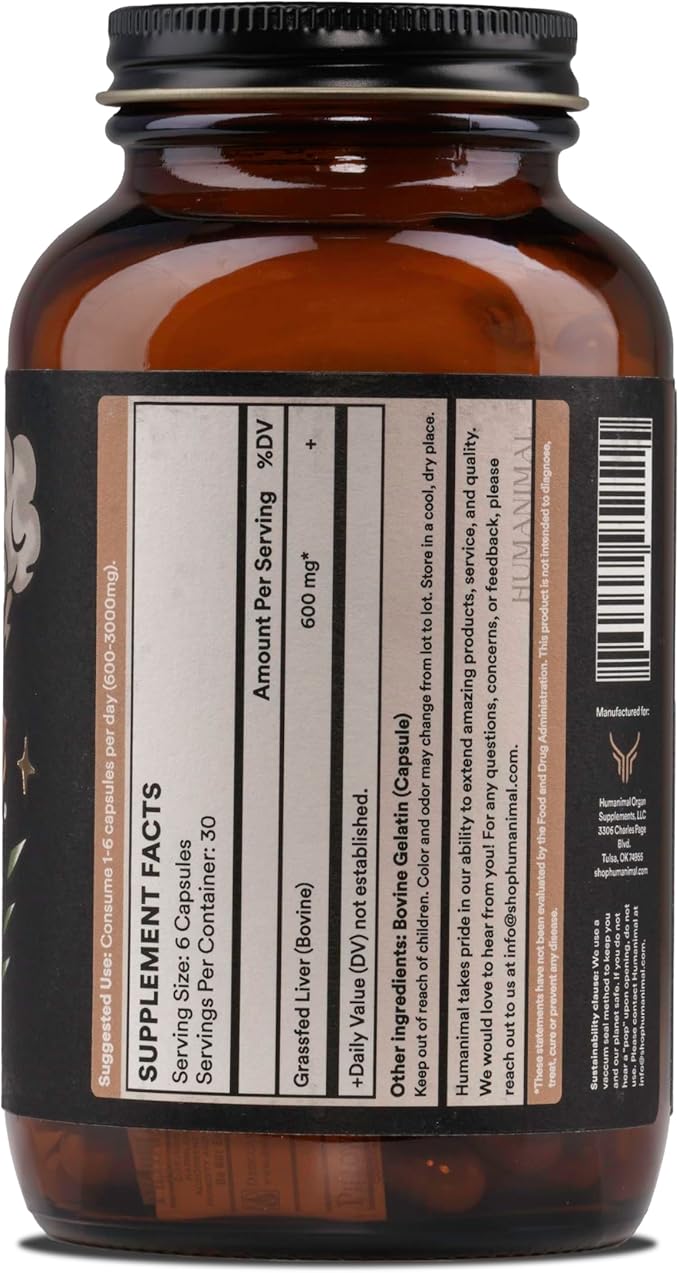 Humanimal Beef Liver Supplement | Nutrient-Dense Beef Liver Capsules | 100% Grass-Fed & Finished, Freeze-Dried | Boosts Energy Levels, Focus, Skin Health & Liver Function | Non-GMO, 180 Capsules