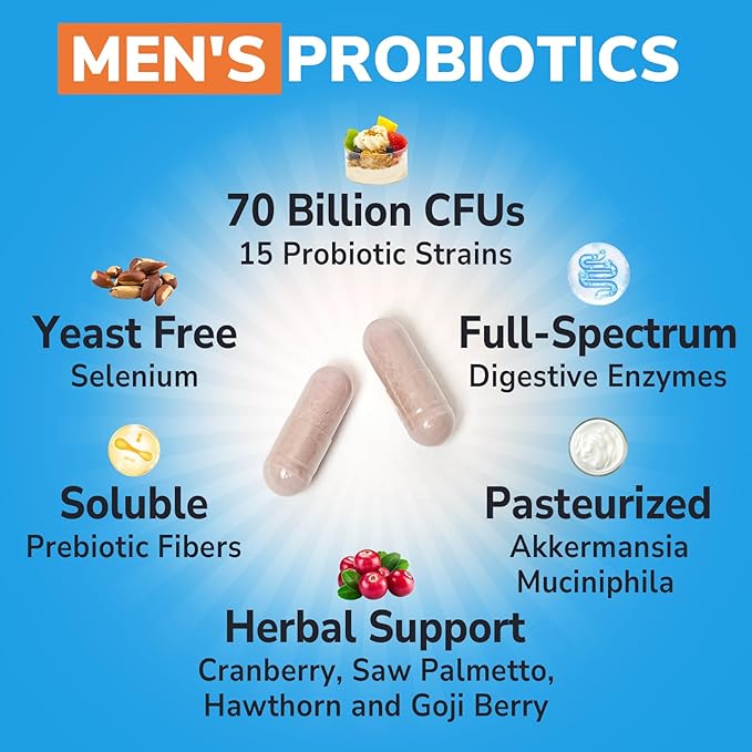 Probiotics for Men, 70 Billion CFU 15 Strains, Selenium, Enzymes, Saw Palmetto, Cranberry for Digestive, Gut, Immune, Prostate & Urinary Tract Health, Shelf Stable, 60 Capsules
