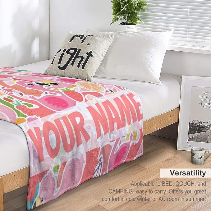 Custom Flamingo Blanket Gifts with Name - 50 x 60 Inches Funny Flamingo Throw for Teens - Pink Fluffy Warm Cozy Blankets for Travel