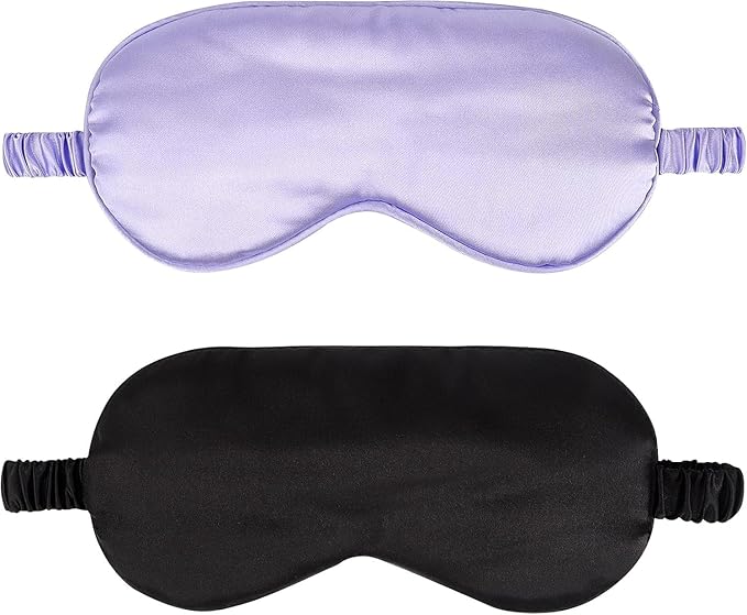 2Pack Silk Sleep Mask,IEKEODI Eye Mask for Sleeping,Elastic Blackout Eye Mask & Blindfold for Full Night's Sleep,Travel and Nap(Black+Purple)