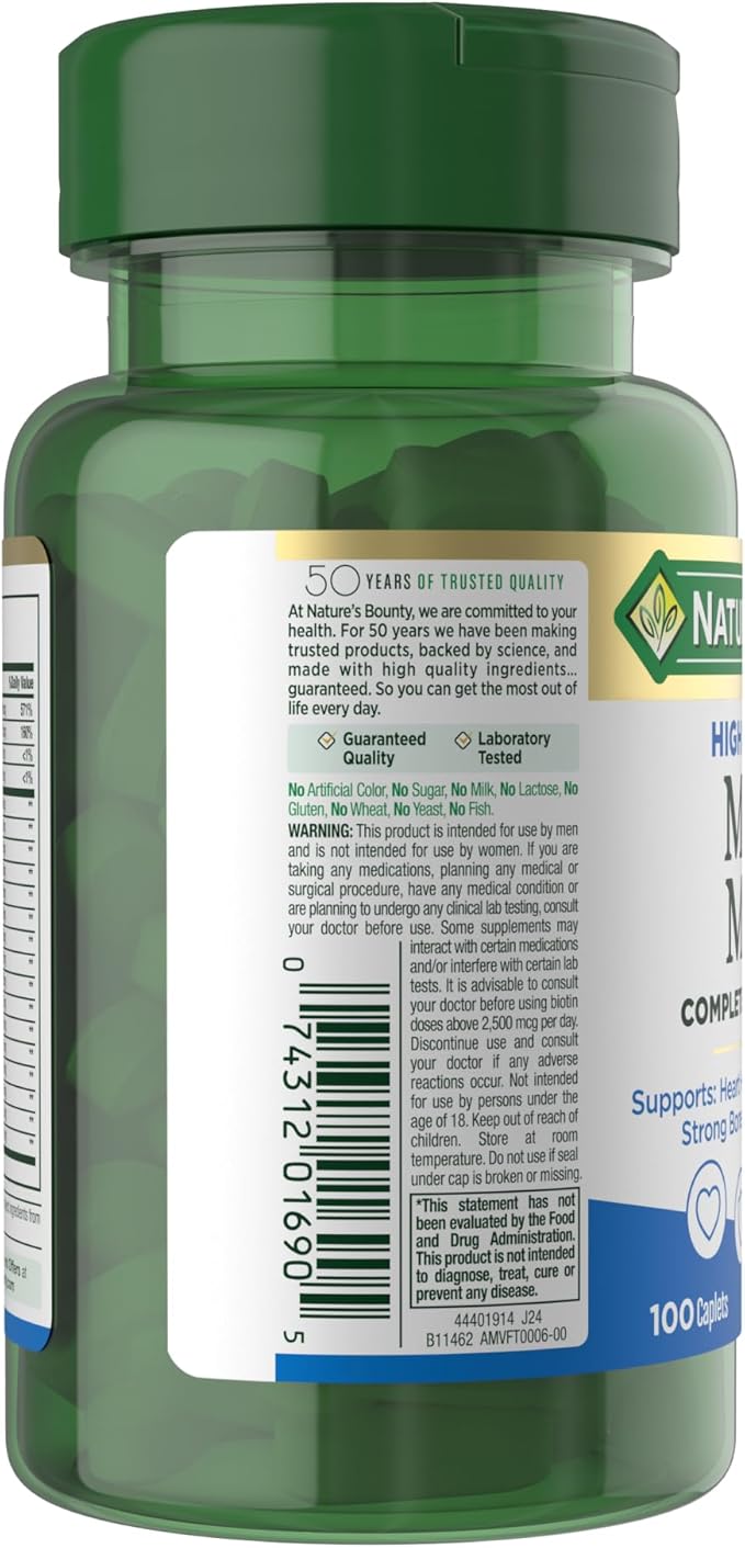 Nature’s Bounty High Potency Men’s Complete Multivitamin, Daily Men’s Health Vitamin for Heart Health and Immune Support, Men's Multivitamin for Strong Bones, Overall Health and Wellness, 100 Capsules