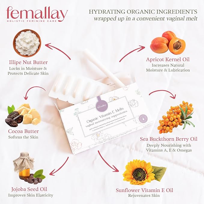 Femallay Everyday Moisturizing Vitamin E Vaginal Melts, 100% Natural Suppositories, For Dryness and Menopausal Women, Limited Ingredients, 42 Individually-Sealed Melts + 1 Applicator