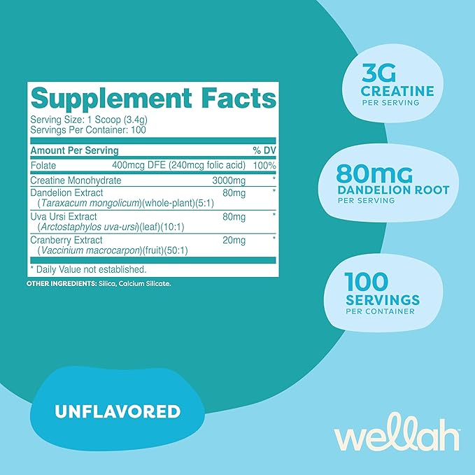 Wellah Pump-It-Up Creatine (100 Servings, Unflavored) - Creatine Monohydrate with Dandelion, Uva Ursi, & Cranberry Extract