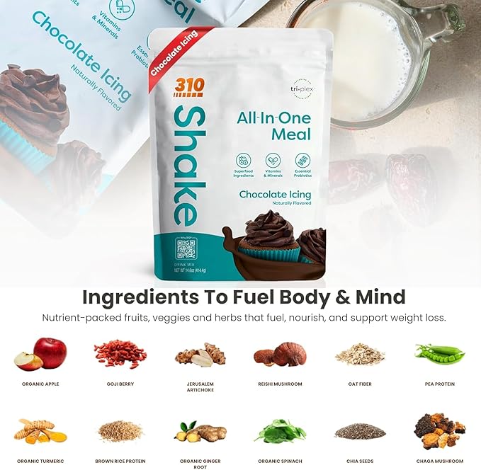 310 Nutrition All-in-One Meal Replacement Shake Powder - Plant-Based Protein Smoothie Blend w/High Fiber, Probiotics & Adaptogens - Low Carb, Vegan, Keto & Paleo Friendly - Chocolate Icing - 14 SRV
