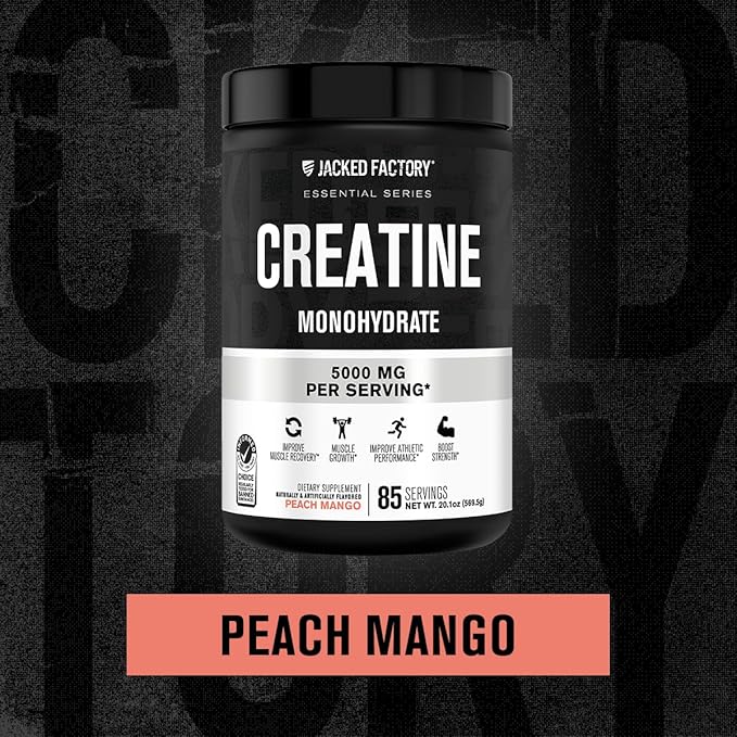 Jacked Factory Flavored Creatine Monohydrate Powder 425g - Creatine Supplement for Muscle Growth, Increased Strength, Enhanced Energy, & Improved Athletic Performance - 85 Servings, Peach Mango