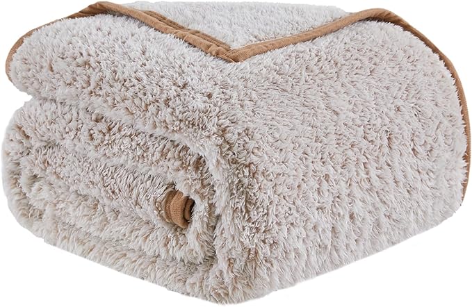 EMME Fuzzy Blanket Soft Fleece Throw Blankets for Women, Fluffy Sherpa Throws(Plush Khaki,90"x90")