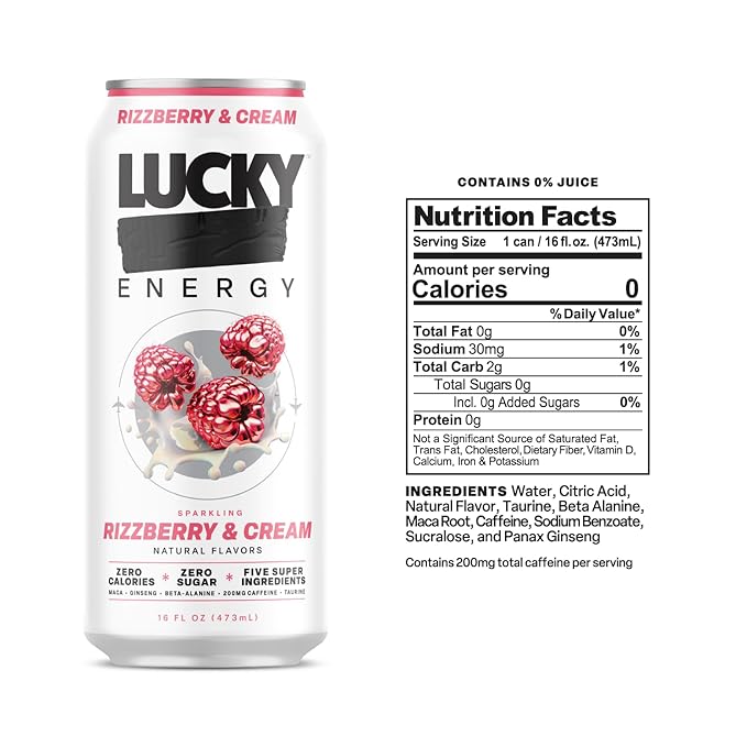 Lucky Energy Sugar Free Energy Drinks 16 Fl Oz Cans (12-Pack) Rizzberry and Cream with Maca, Ginseng, Taurine, Beta-Alanine, 200mg Caffeine