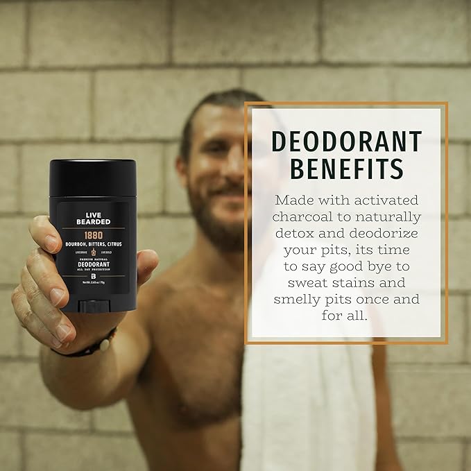 Live Bearded Men's Deodorant - Long Lasting, Aluminum Free, All Natural, Activated Charcoal Deodorant for Men, Travel Size - 1880, 1 Stick