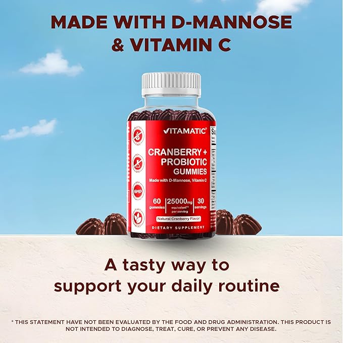 Vitamatic Vegan Cranberry Gummies with D-Mannose, Probiotics & Vitamin C – 25,000 mg Equivalent per Serving (from 50:1 Extract 500 mg) – 60 Count – Urinary Tract Health Support for Women