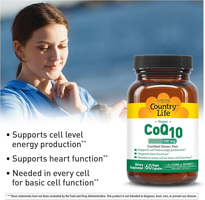 Country Life Simply CoQ10 100mg – Supports Heart Function & Cellular Energy, Vegan Softgels, Certified Gluten-Free, Non-GMO Supplement, 60 ct – Cardiovascular Health Support