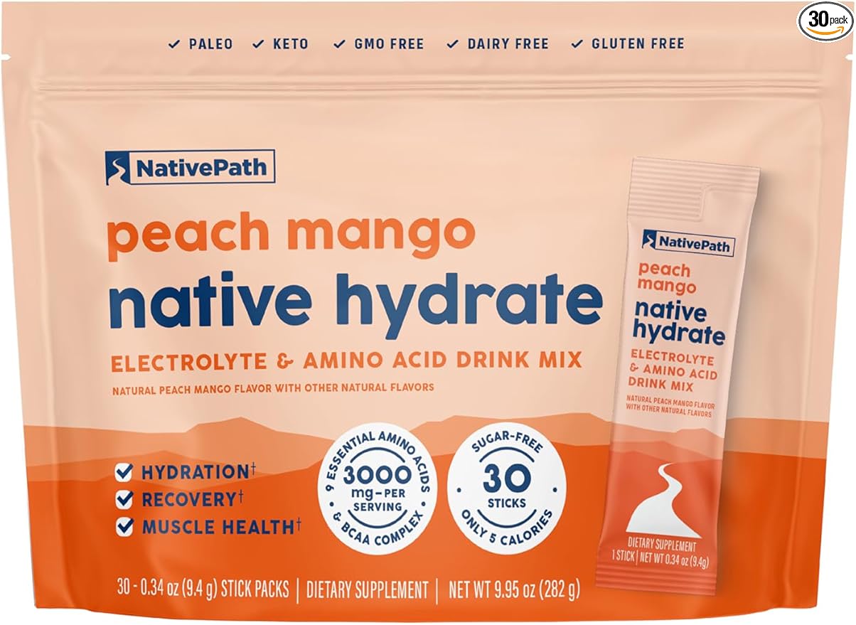NativePath Native Hydrate Stick Packs, Sugar Free Electrolytes Powder with BCAAs, Peach Mango Hydration, Keto & Paleo Friendly, 30 Servings