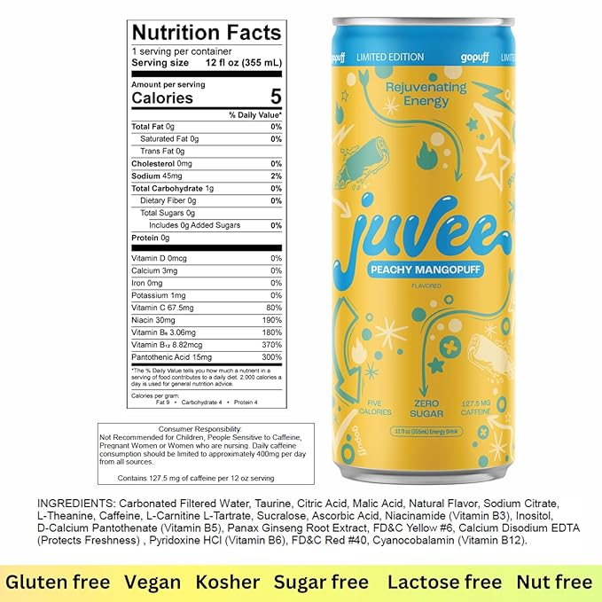 Juvee Rejuvenating Energy Drink. Sugar Free Energy Drinks. Taurine, Vitamin B12, Vitamin B6. 128 Mg Of Caffeine. L-Theanine For Mood Support. Panax Ginseng For Focus. Vitamin C For Immune Support. Gluten Free 12 oz - 12 Pack - Peachy Mangopuff