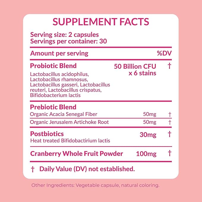 Women’s Probiotic for Vaginal Health | 50 Billion CFU with Probiotics, Prebiotic, Postbiotics & Cranberry for pH Balance, UTI Support, Yeast, Gut Health, Odor, Dryness & Feminine Comfort