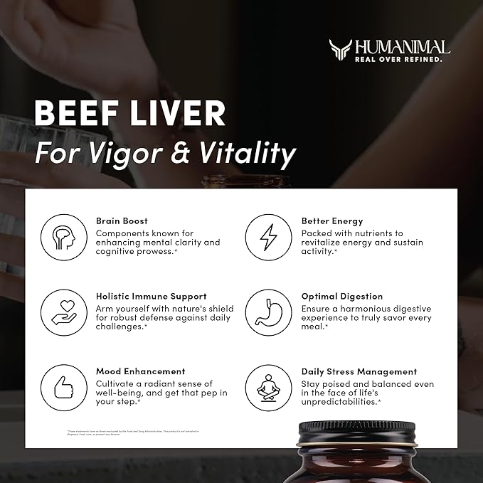 Humanimal Beef Liver Supplement | Nutrient-Dense Beef Liver Capsules | 100% Grass-Fed & Finished, Freeze-Dried | Boosts Energy Levels, Focus, Skin Health & Liver Function | Non-GMO, 180 Capsules