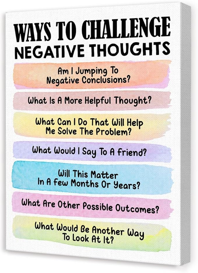 Mental Health Wall Decor,Ways To Challenge Negative Thoughts Wall Art,Therapy Office Wall Decor,Inspirational Canvas Wall Art for Classroom Psychologist Office Home