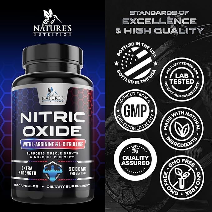Nitric Oxide Booster Extra Strength 3000mg - L Arginine 3X Strength Nitric Oxide Supplements for Men and Women, Citrulline, Supports Muscle, Heart Health & Energy Supplement, Non-GMO - 180 Capsules