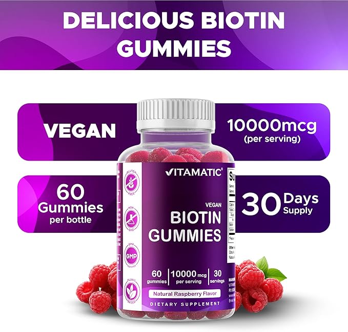 Vitamatic Biotin Gummies 10,000 mcg for Stronger Hair, Skin & Nails - 60 Vegan Gummies - Also Called Vitamin B7 (6 Bottles)