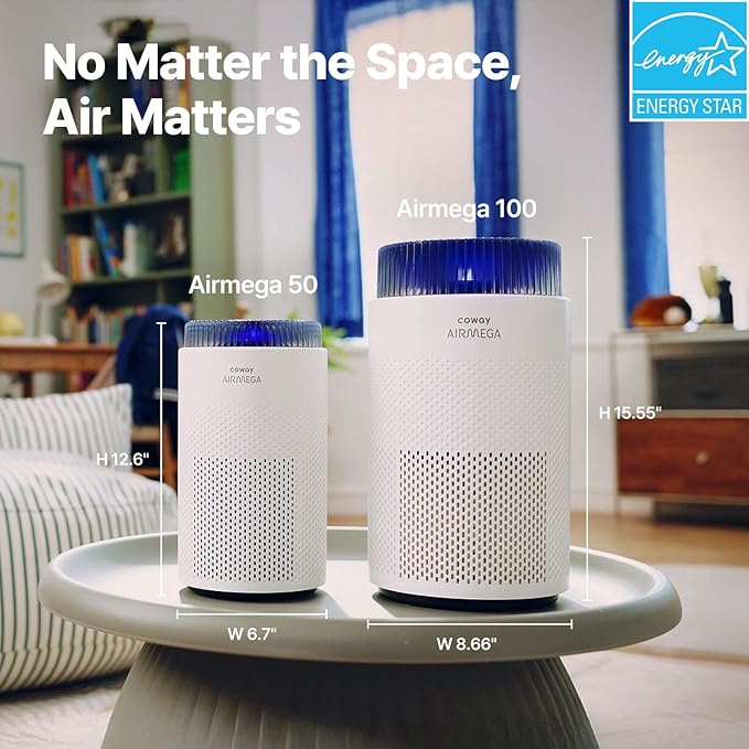 COWAY Air Purifiers for Bedroom Home up to 450 ft², HyperCaptive Filter for Smoke, Allergies, Pet Dander, AQI Monitor, Auto&Sleep Mode, Timer, Filter Indicator, Night Light, 3yr Warranty, 50 White