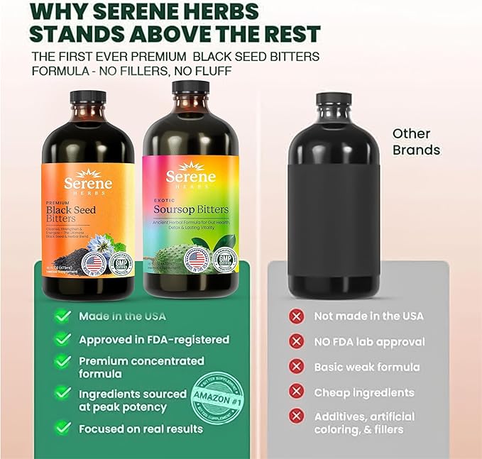 Serene Herbs Soursop Bitters Liquid & Black Seed Bundle – Organic Herbal Guanabana for Digestive Support & Immune Health – Vegan, Non-GMO – 32 oz (16 oz Each), 64 Servings