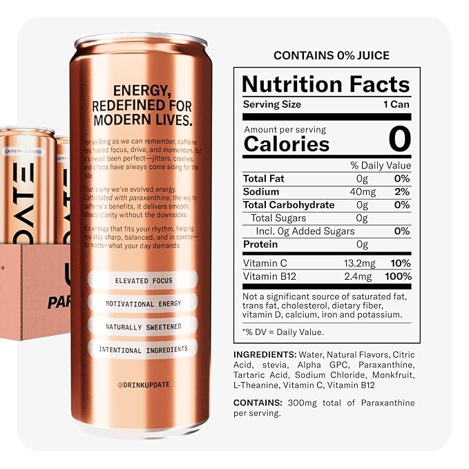 Drink Update Energy Drink with Paraxanthine - Jitter Free, Crash Free, No Overstimulation, No Withdrawal - Caffeine and Sugar Free (Peach, 12 Pack)