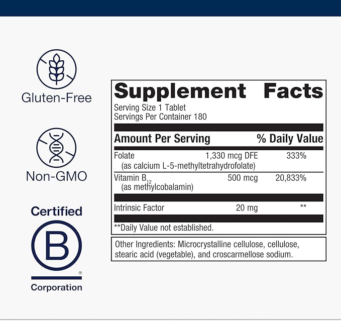 Metagenics Intrinsi Vitamin B12-Folate - Nervous System & Heart Health Support* - With Intrinsic Factor for Absorption* - Vitamin B12 & Folate - Methylcobalamin - 180 Tablets