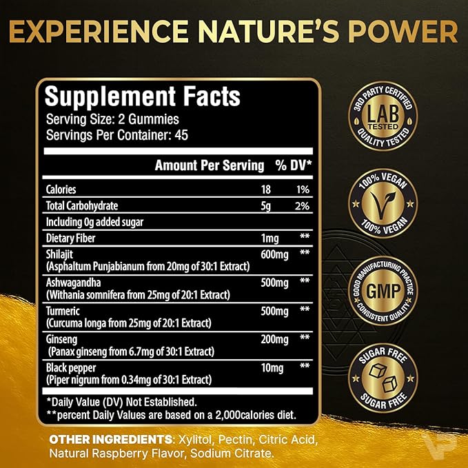 Shilajit Gummies - 5-in-1 Adaptogen Supplement with Ashwagandha, Ginseng, Turmeric, & Black Pepper | Energy, Focus, Immunity & Vitality Support | Organic, Vegan, Sugar-Free | 90 Count